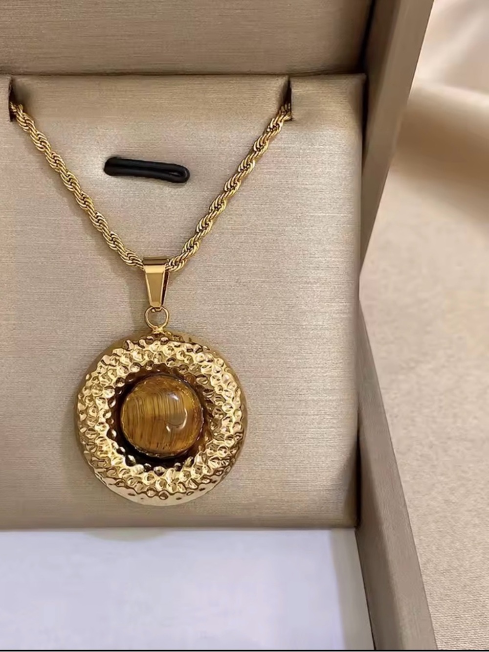 Gold Tiger Eye Round Pendant Necklace - Women Jewelry